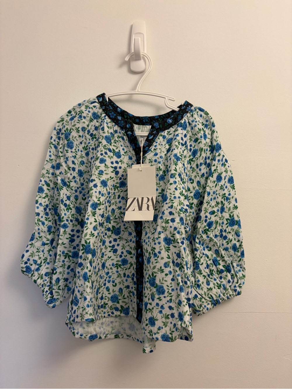 ZARA White Blouse with Blue & Green Floral Print